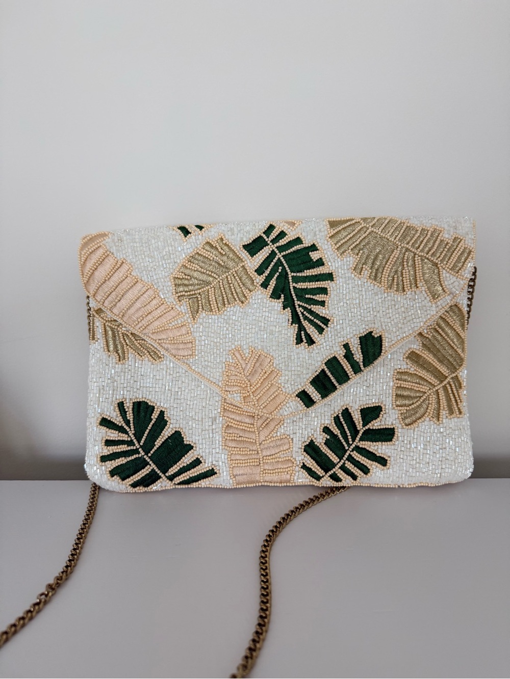 Beaded Tropical Leaf Envelope Clutch Crossbody Bag Gold Chain